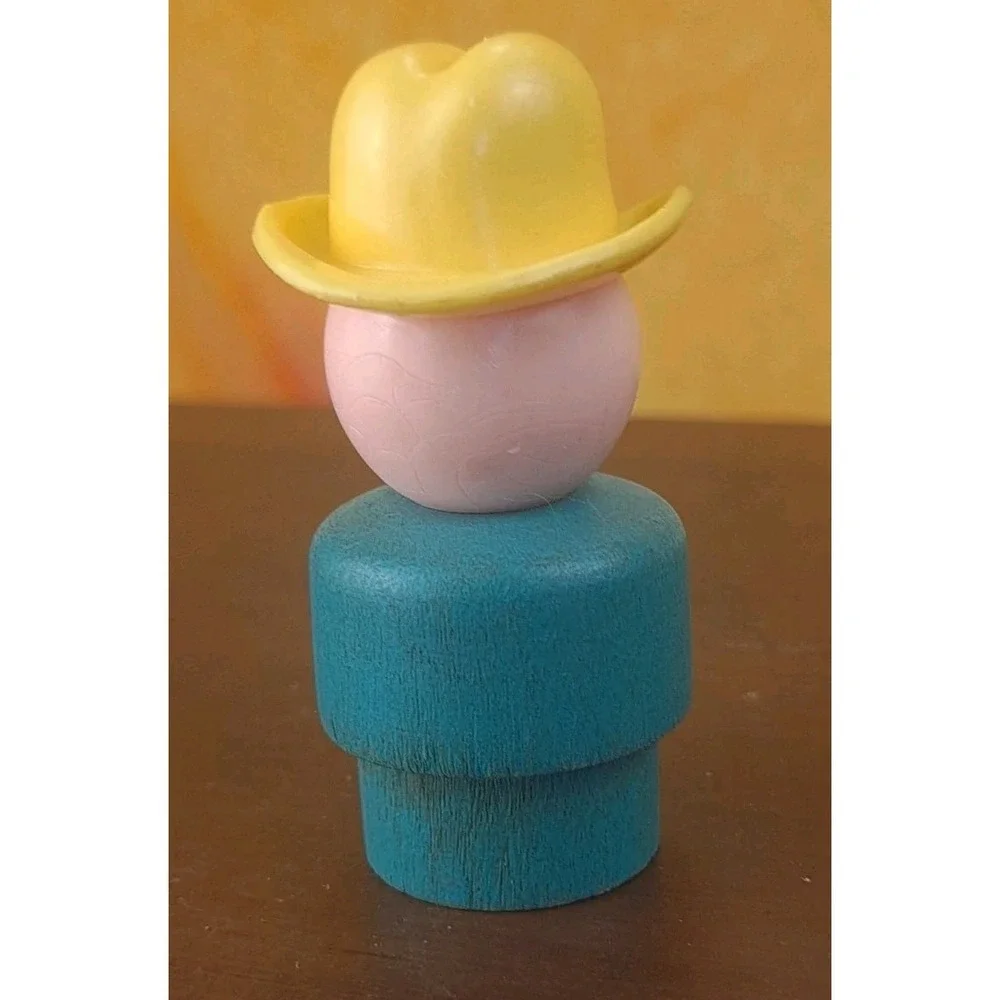 Fisher Price‎ Little People 1972 Farmer Boy  Blue Wood Body Yellow Cowboy Hat